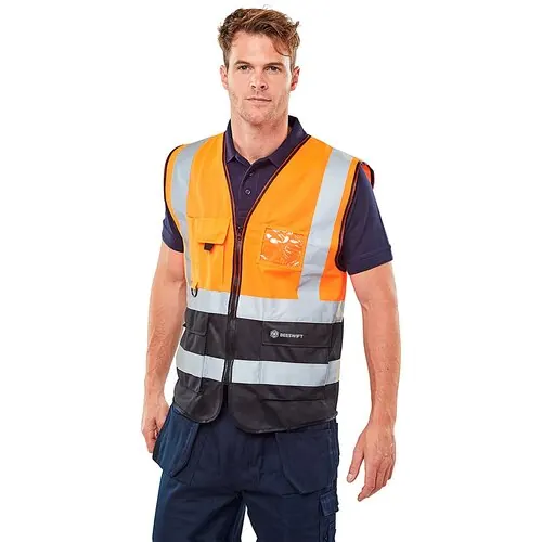 Beeswift HVWCTTORBL Two Tone Hi-Vis Executive Waistcoat ORANGE/BLACK